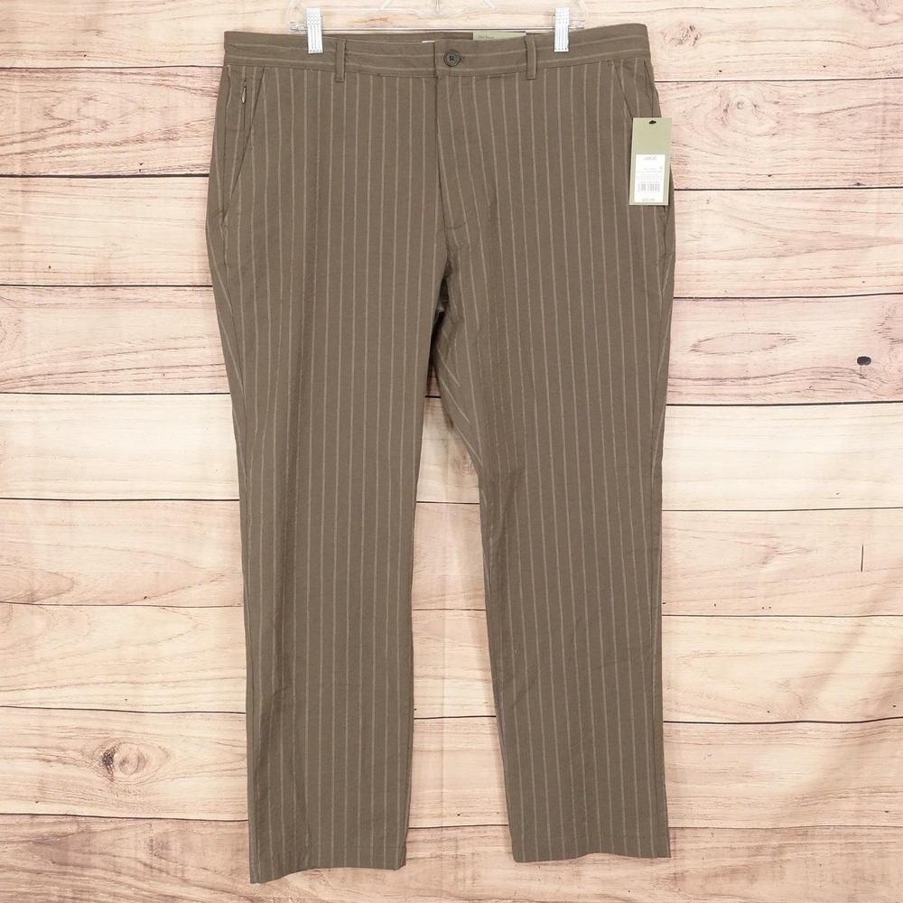 New! Goodfellow & Co Vacay Trouser Pants Mens 38x30 Green Stripe Slim Seersucker